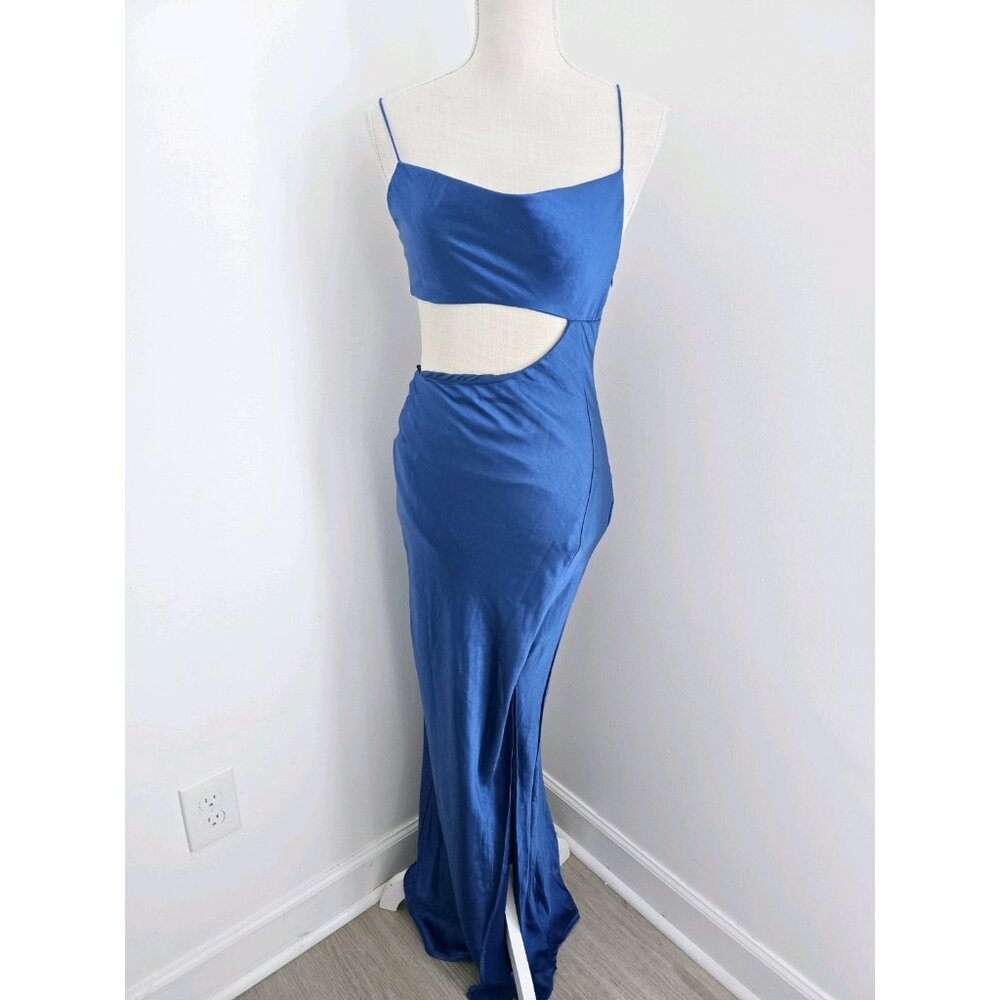 Hello Molly Oceanic Eyes Satin Royal Blue Cut Out Slit Sleeveless Maxi Dress S 4 - Picture 15 of 15